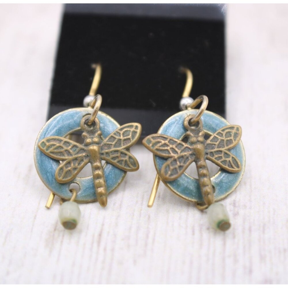 Dragonfly Dangle Earrings With Bronze & Blue Enamel Accents Dainty Delicate Vtg